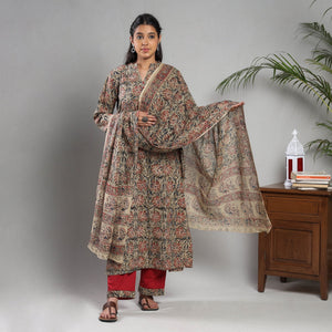 Brown - Kalamkari Block Printing Cotton Kurta with Palazzo & Dupatta Set