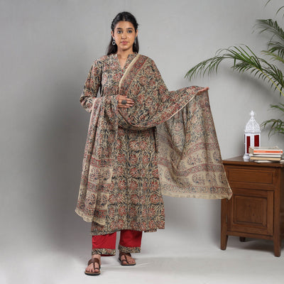 Brown - Kalamkari Block Printing Cotton Kurta with Palazzo & Dupatta Set
