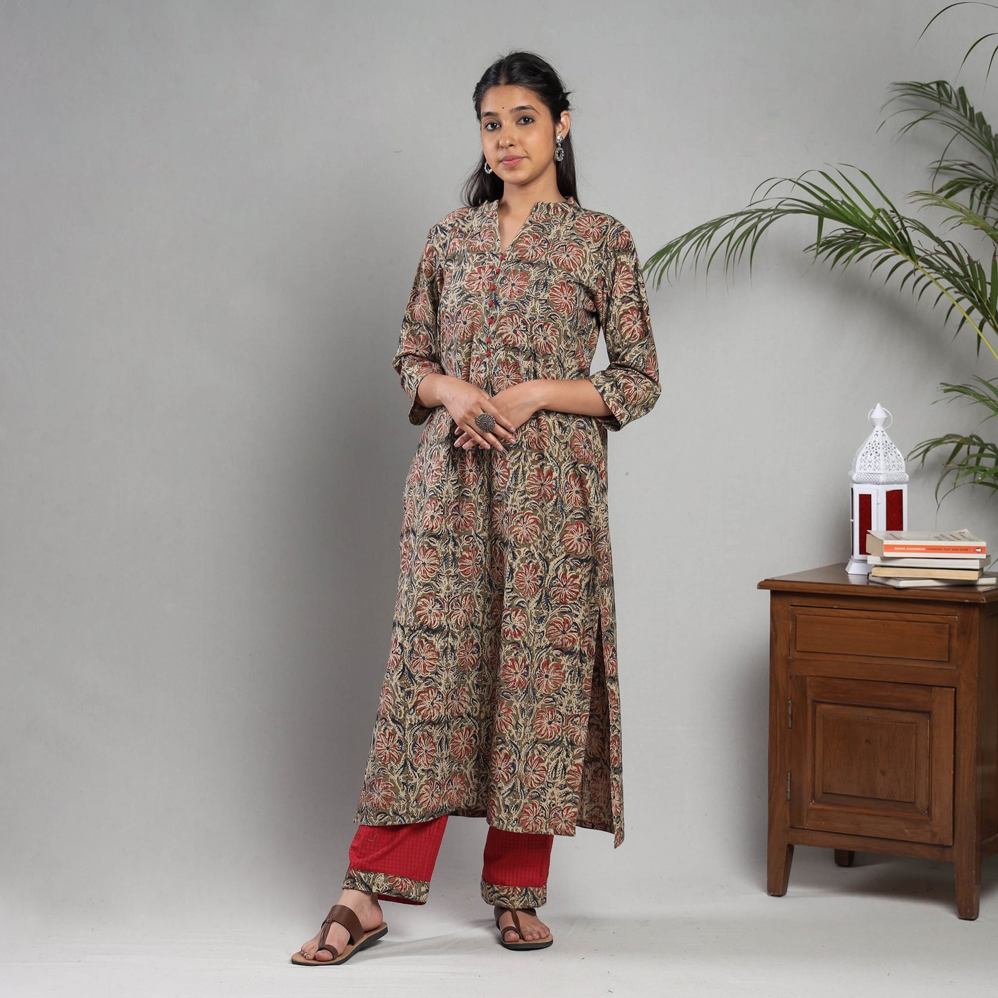 Brown - Kalamkari Block Printing Cotton Kurta with Palazzo & Dupatta Set