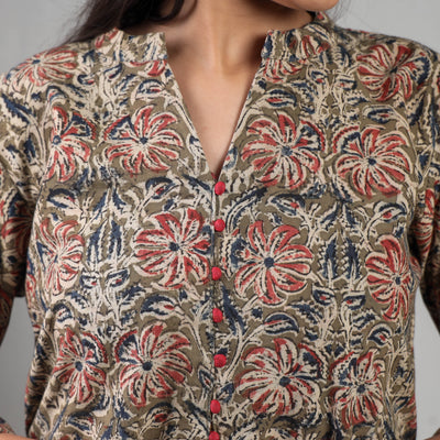 Brown - Kalamkari Block Printing Cotton Kurta with Palazzo & Dupatta Set
