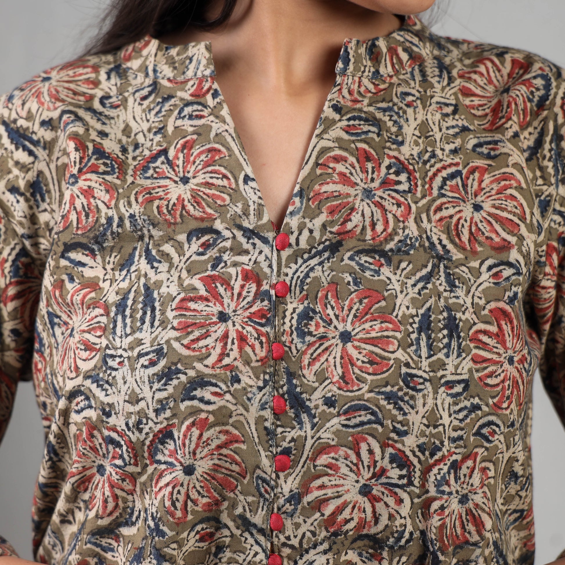 Brown - Kalamkari Block Printing Cotton Kurta with Palazzo & Dupatta Set