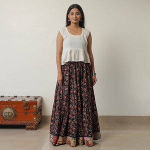 Black - Bagru Block Printed 24 Kali Patchwork Cotton Long Skirt 27