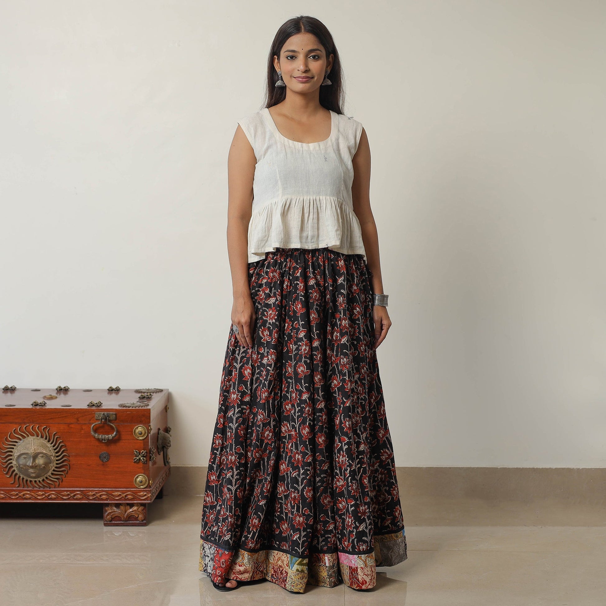 Black - Bagru Block Printed 24 Kali Patchwork Cotton Long Skirt 27
