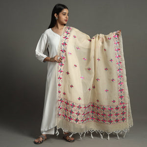 Beige - Phulkari Hand Embroidery Kota Doria Chanderi Silk Dupatta with Tassels 17