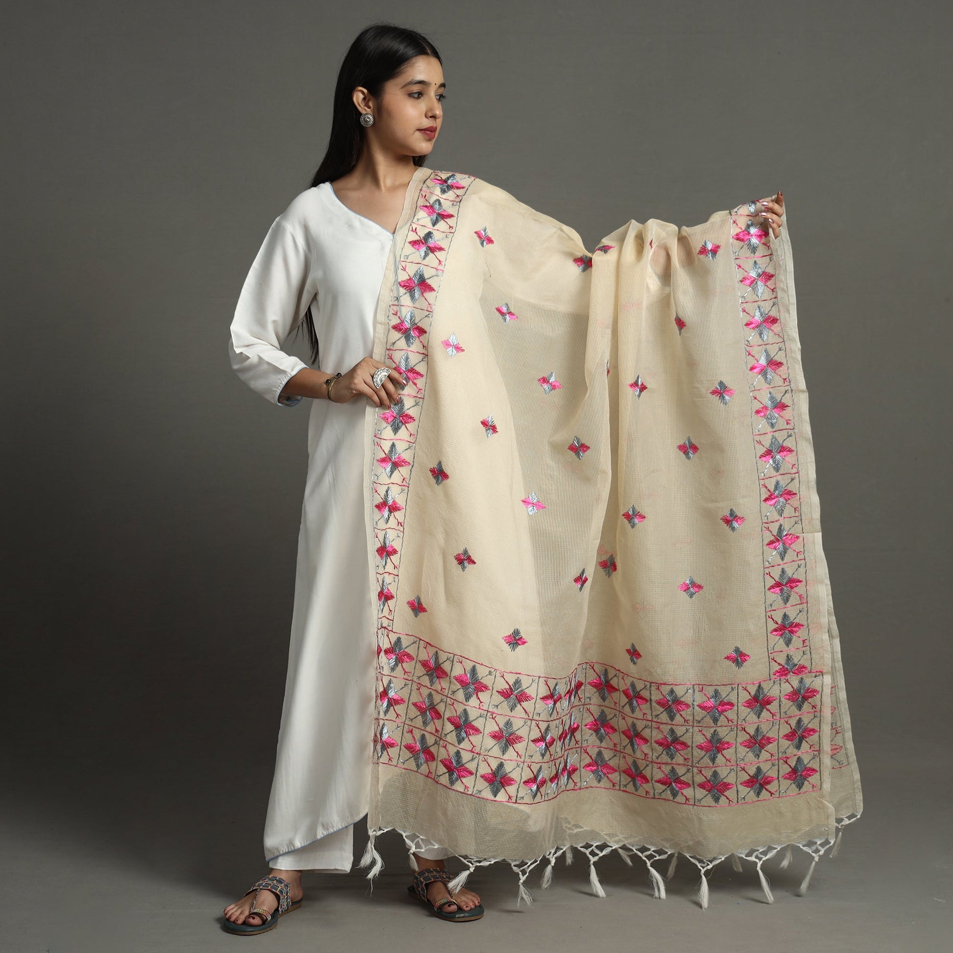 Beige - Phulkari Hand Embroidery Kota Doria Chanderi Silk Dupatta with Tassels 17