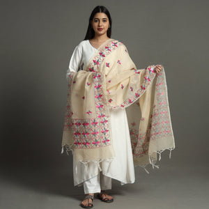 Beige - Phulkari Hand Embroidery Kota Doria Chanderi Silk Dupatta with Tassels 17