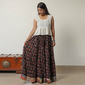 Black - Bagru Block Printed 24 Kali Patchwork Cotton Long Skirt 27