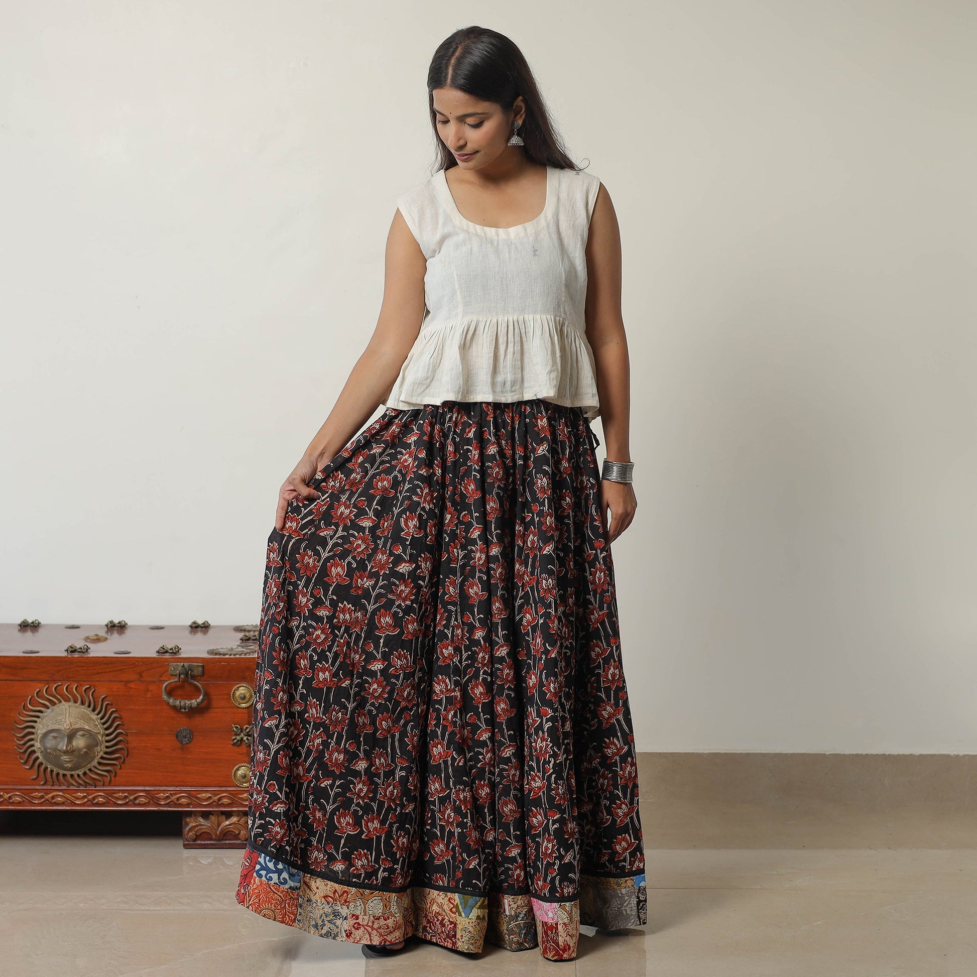 Black - Bagru Block Printed 24 Kali Patchwork Cotton Long Skirt 27