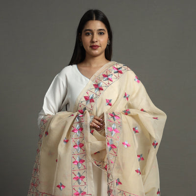Beige - Phulkari Hand Embroidery Kota Doria Chanderi Silk Dupatta with Tassels 17