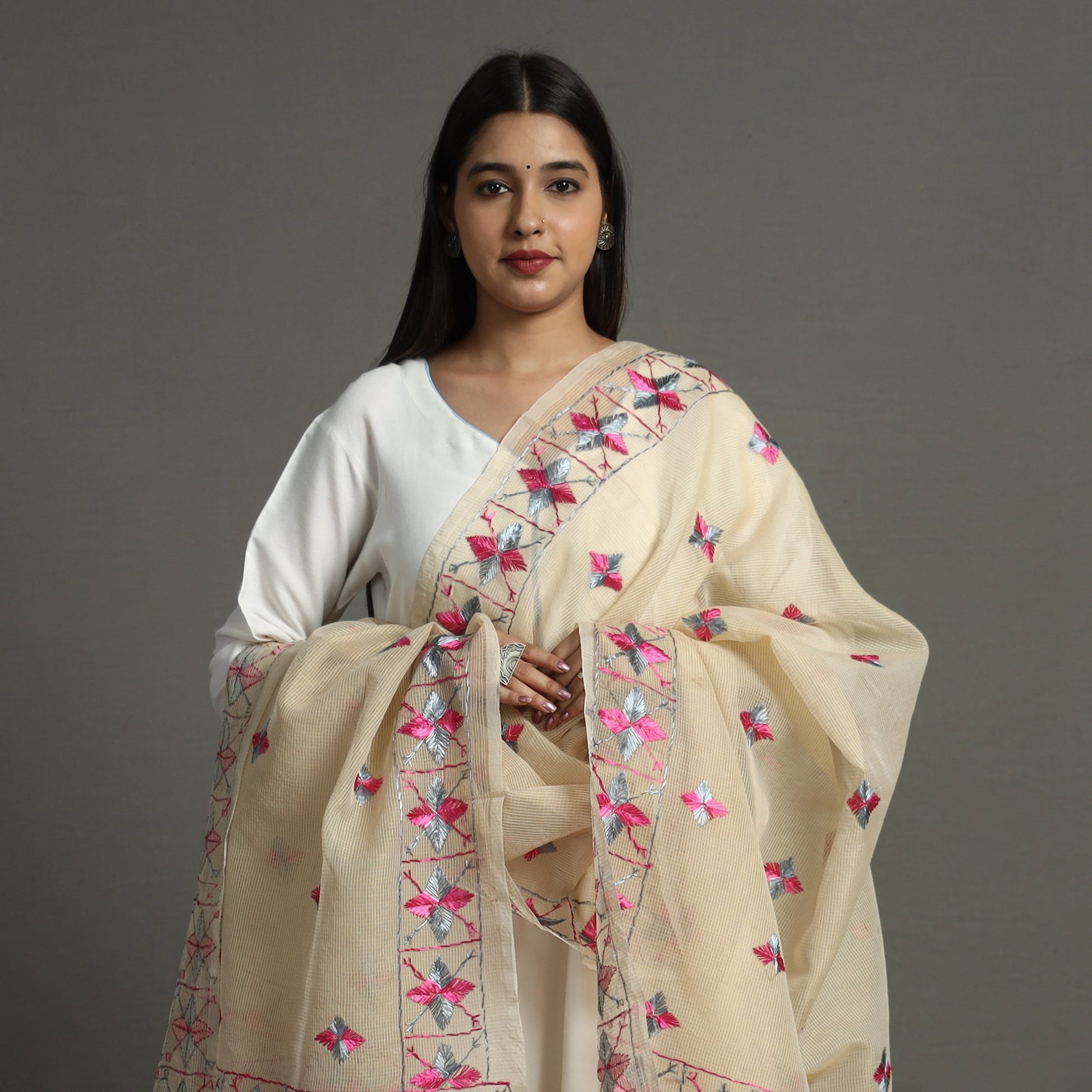 Beige - Phulkari Hand Embroidery Kota Doria Chanderi Silk Dupatta with Tassels 17
