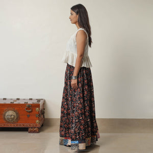 Black - Bagru Block Printed 24 Kali Patchwork Cotton Long Skirt 27