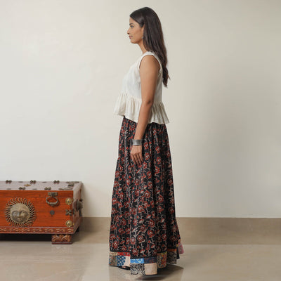 Black - Bagru Block Printed 24 Kali Patchwork Cotton Long Skirt 27