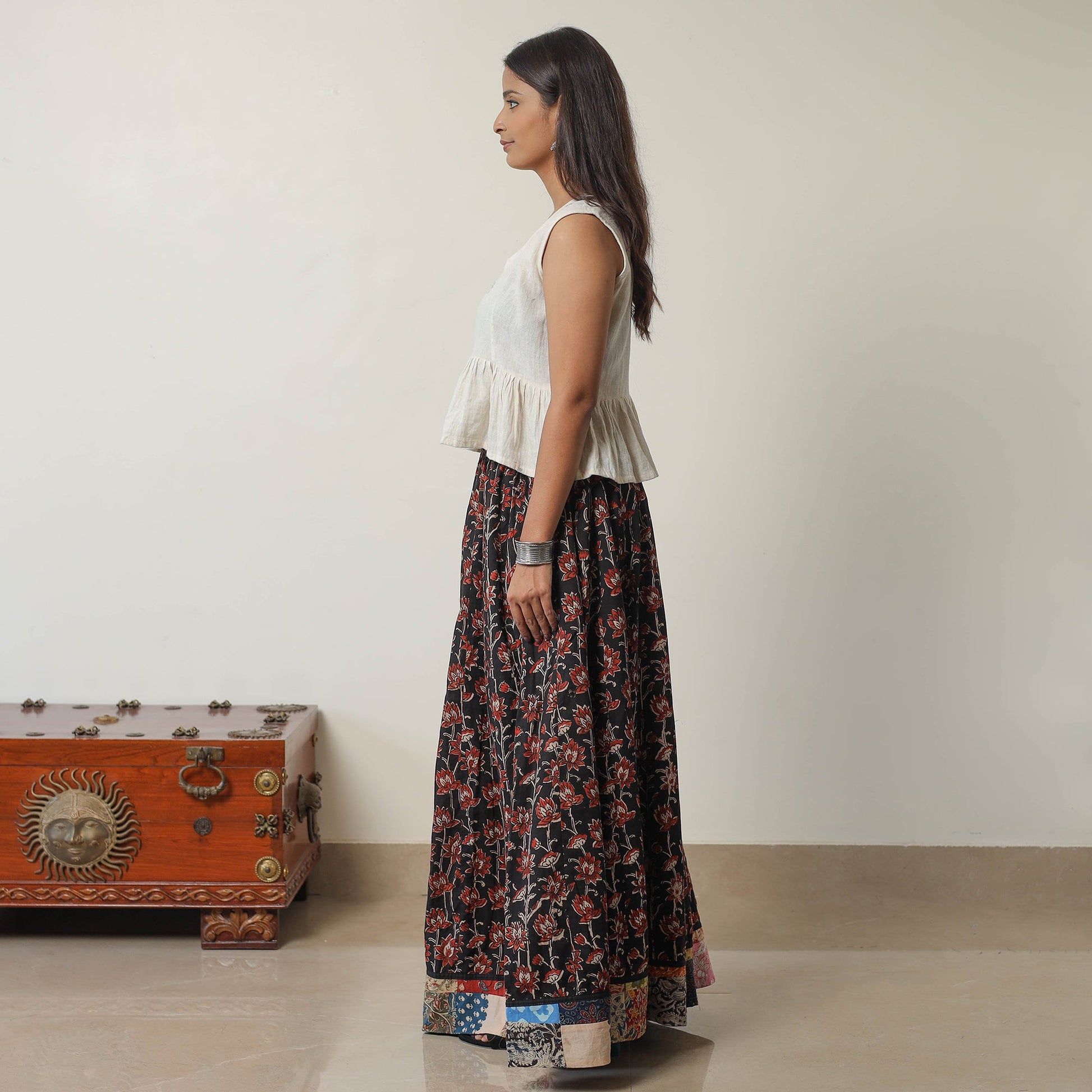 Black - Bagru Block Printed 24 Kali Patchwork Cotton Long Skirt 27