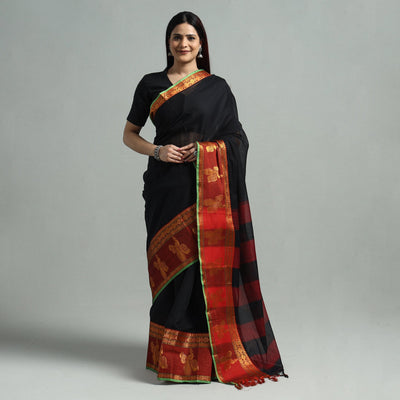 Black - Dharwad Cotton Saree with Zari Border