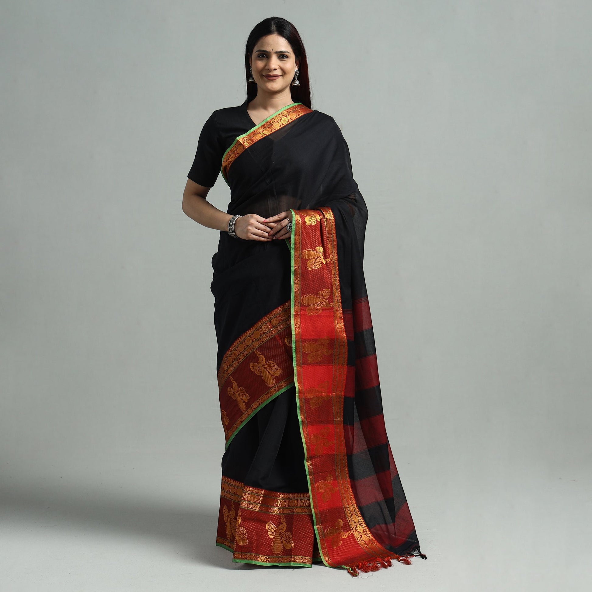 Black - Dharwad Cotton Saree with Zari Border