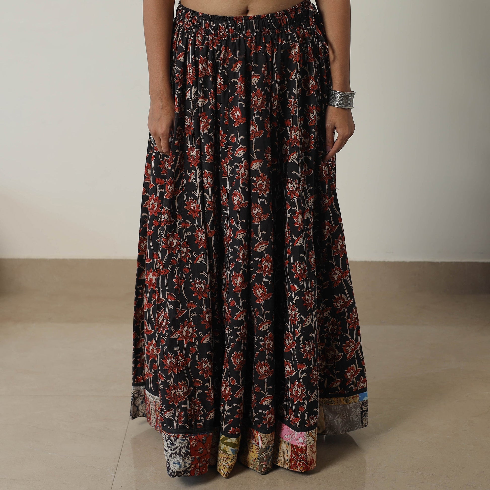 Black - Bagru Block Printed 24 Kali Patchwork Cotton Long Skirt 27