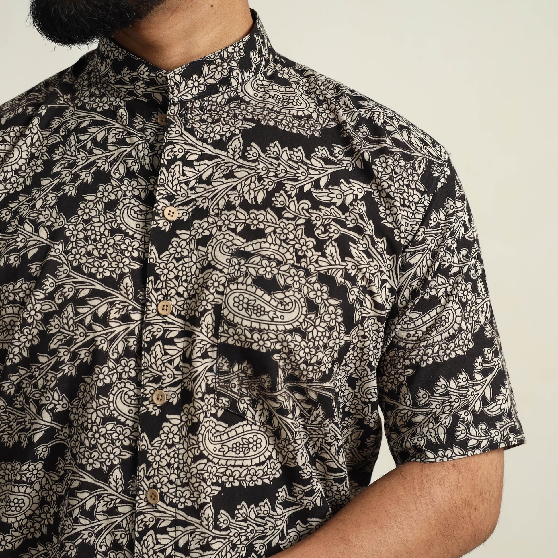 Black - Cotton Men Kalamkari Print Shirt 03