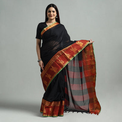 Black - Dharwad Cotton Saree with Zari Border