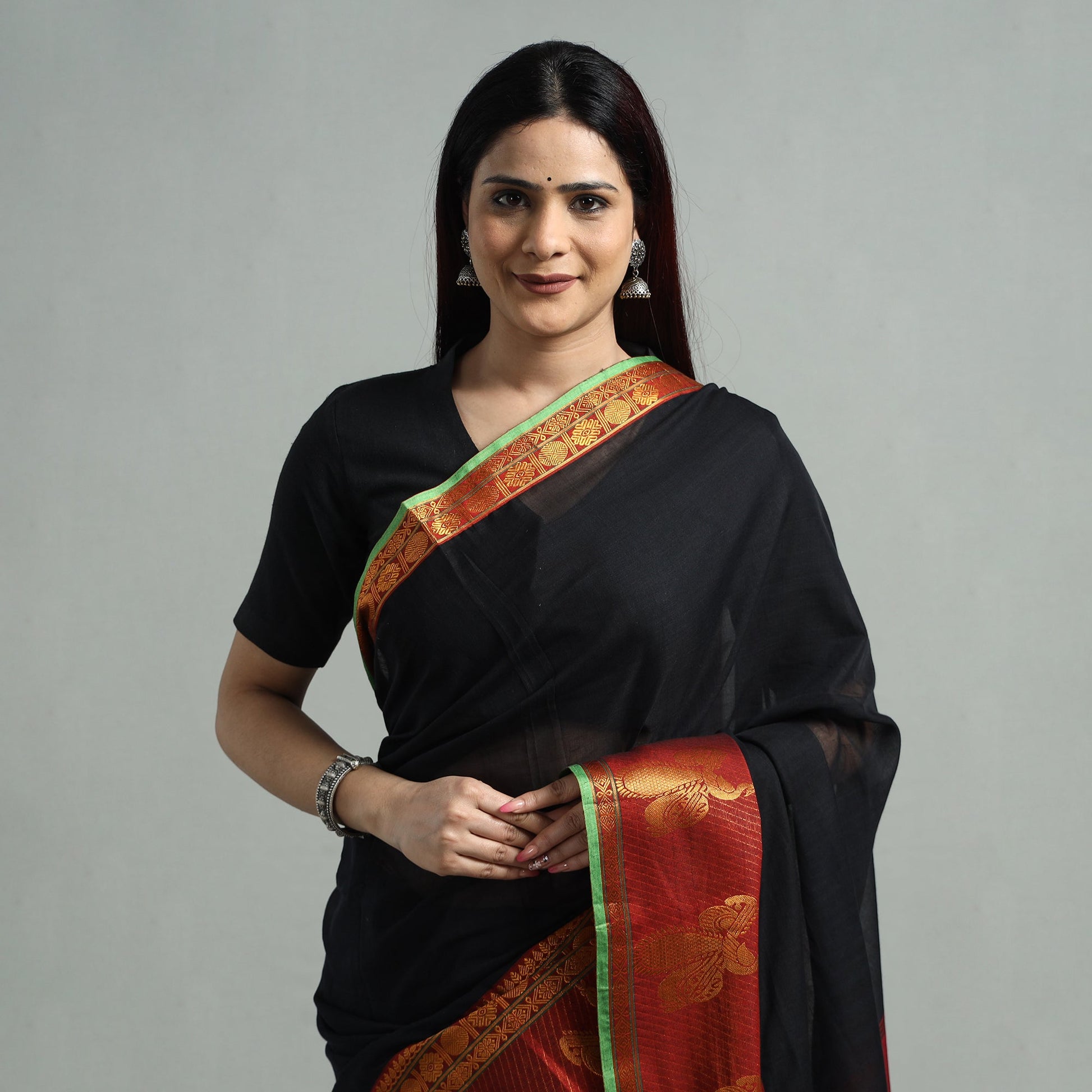 Black - Dharwad Cotton Saree with Zari Border