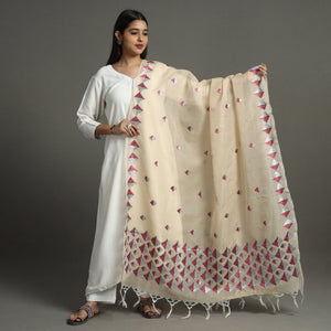 Beige - Phulkari Hand Embroidery Kota Doria Chanderi Silk Dupatta with Tassels 20