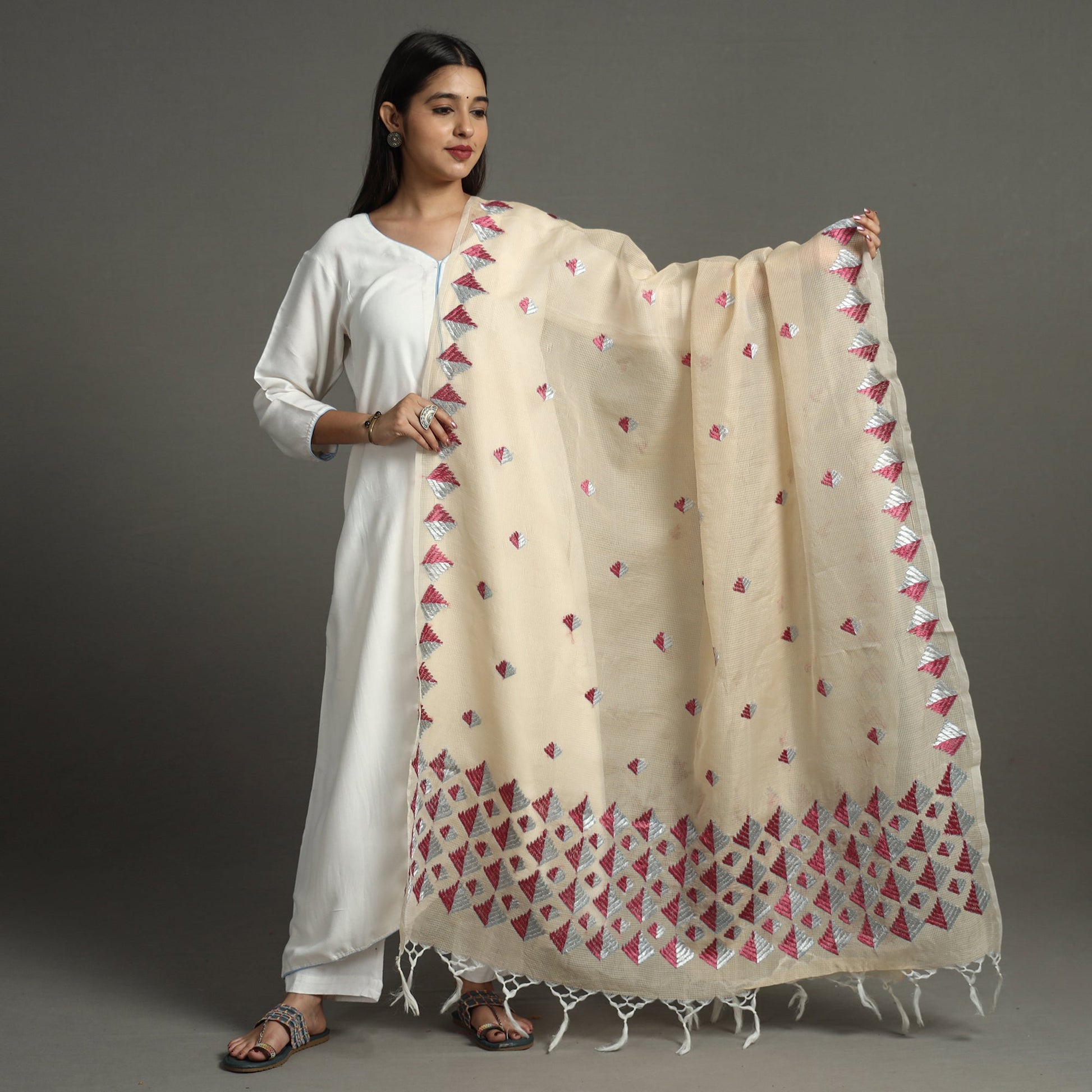 Beige - Phulkari Hand Embroidery Kota Doria Chanderi Silk Dupatta with Tassels 20
