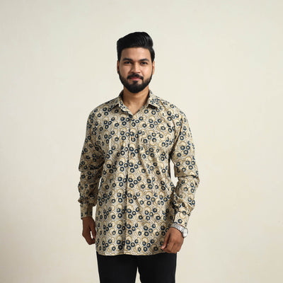 Beige - Pedana Block Print Cotton Men Kalamkari Shirt 11