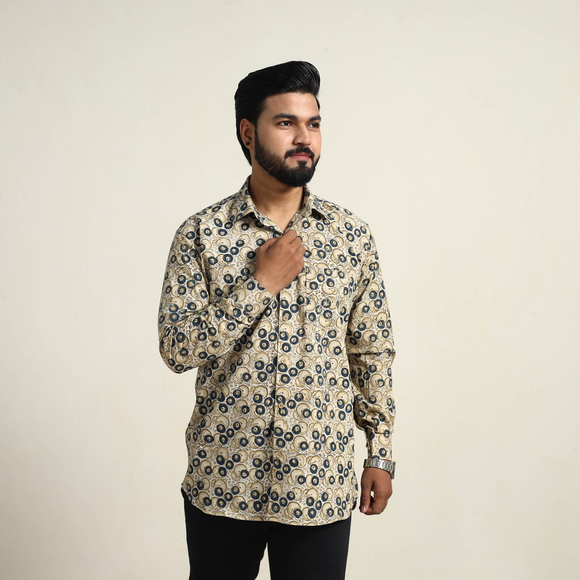 Beige - Pedana Block Print Cotton Men Kalamkari Shirt 11