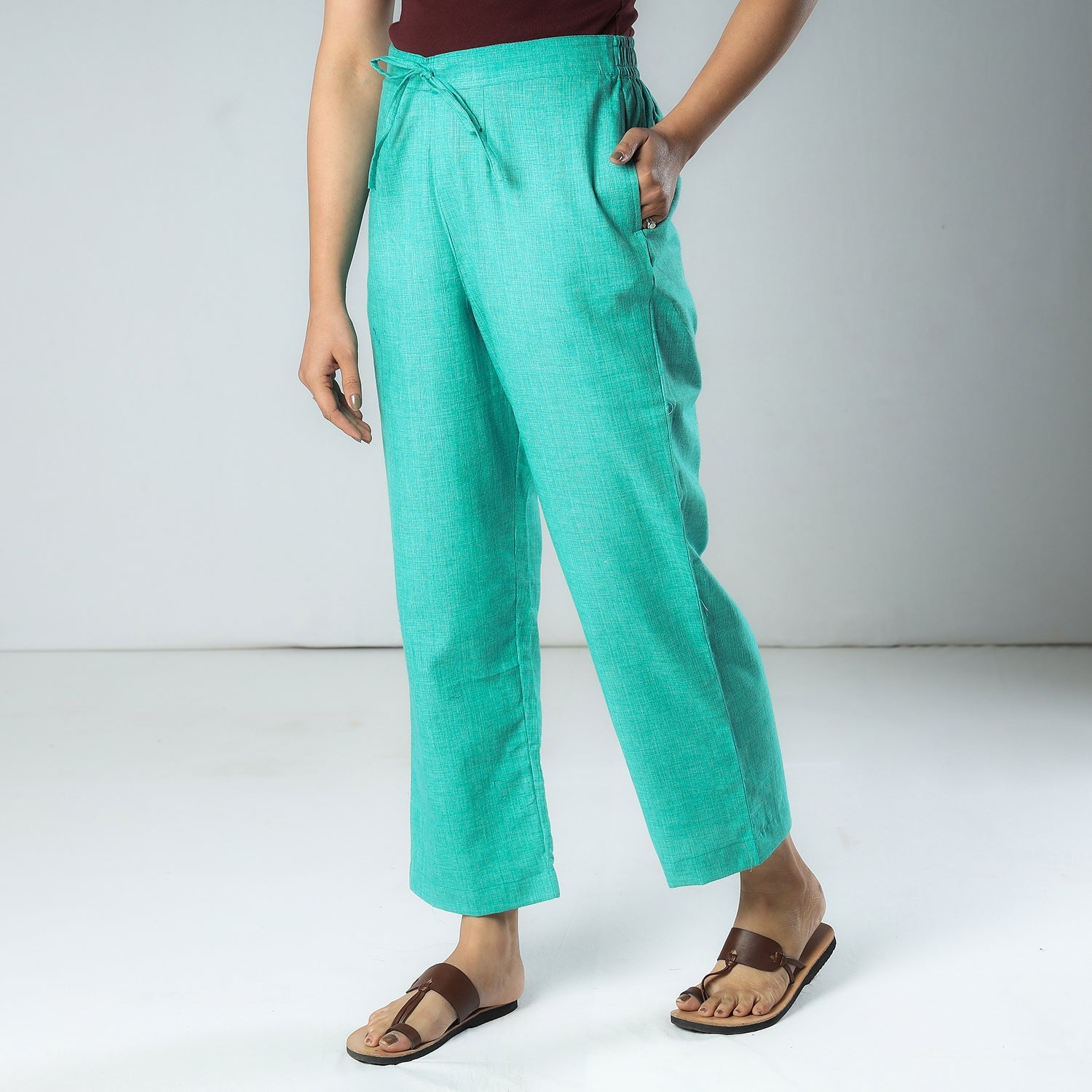 Aqua Green & White Texture Plain Dyed Cotton Relaxed Fit Pant