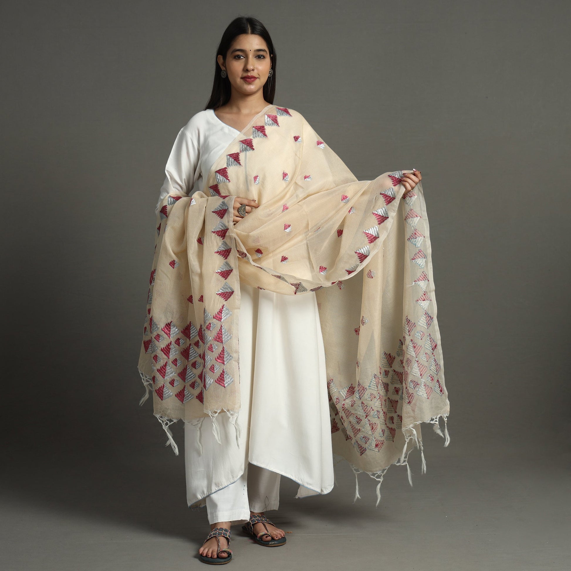 Beige - Phulkari Hand Embroidery Kota Doria Chanderi Silk Dupatta with Tassels 20