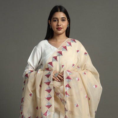 Beige - Phulkari Hand Embroidery Kota Doria Chanderi Silk Dupatta with Tassels 20