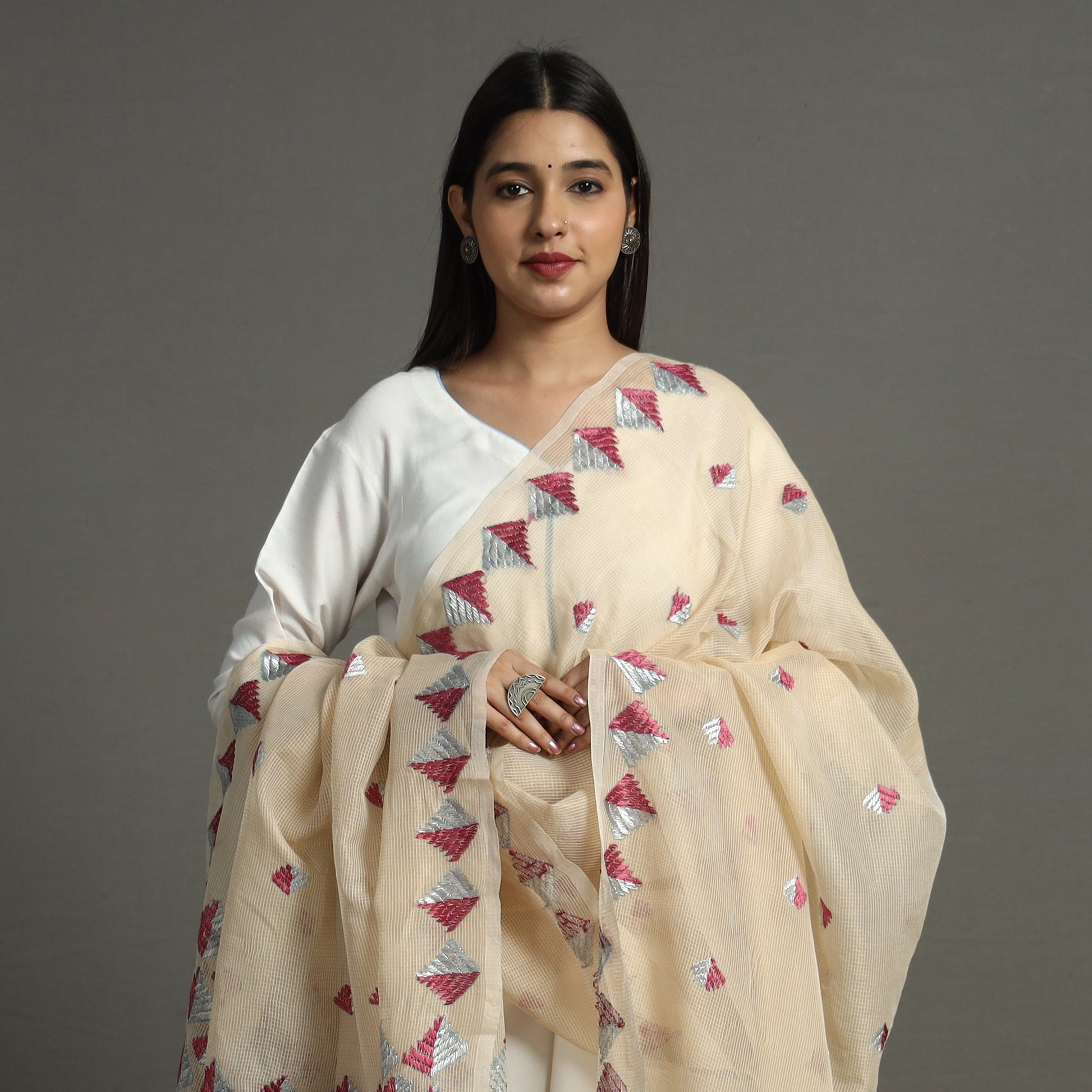 Beige - Phulkari Hand Embroidery Kota Doria Chanderi Silk Dupatta with Tassels 20