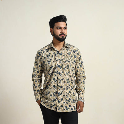 Beige - Pedana Block Print Cotton Men Kalamkari Shirt 11