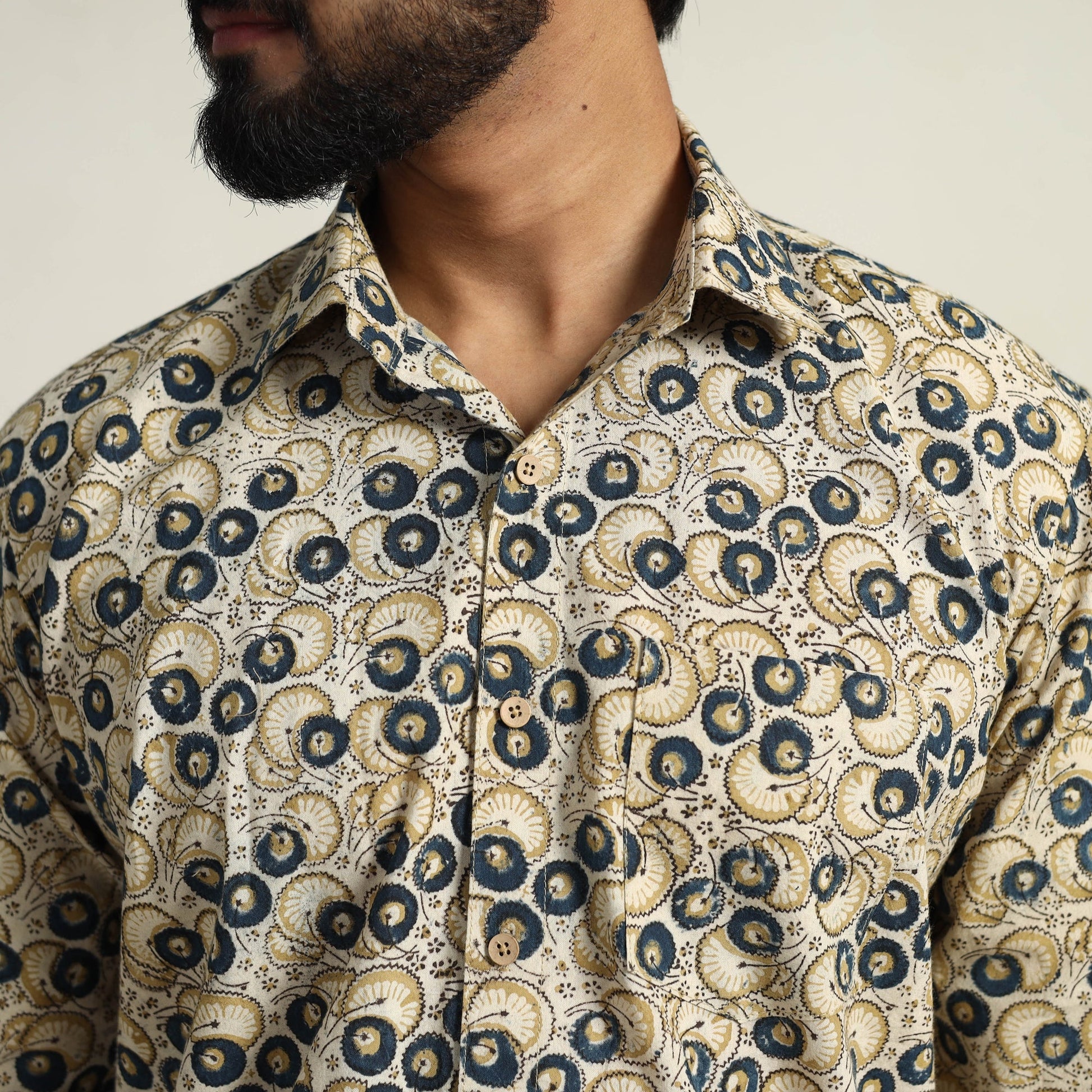 Beige - Pedana Block Print Cotton Men Kalamkari Shirt 11