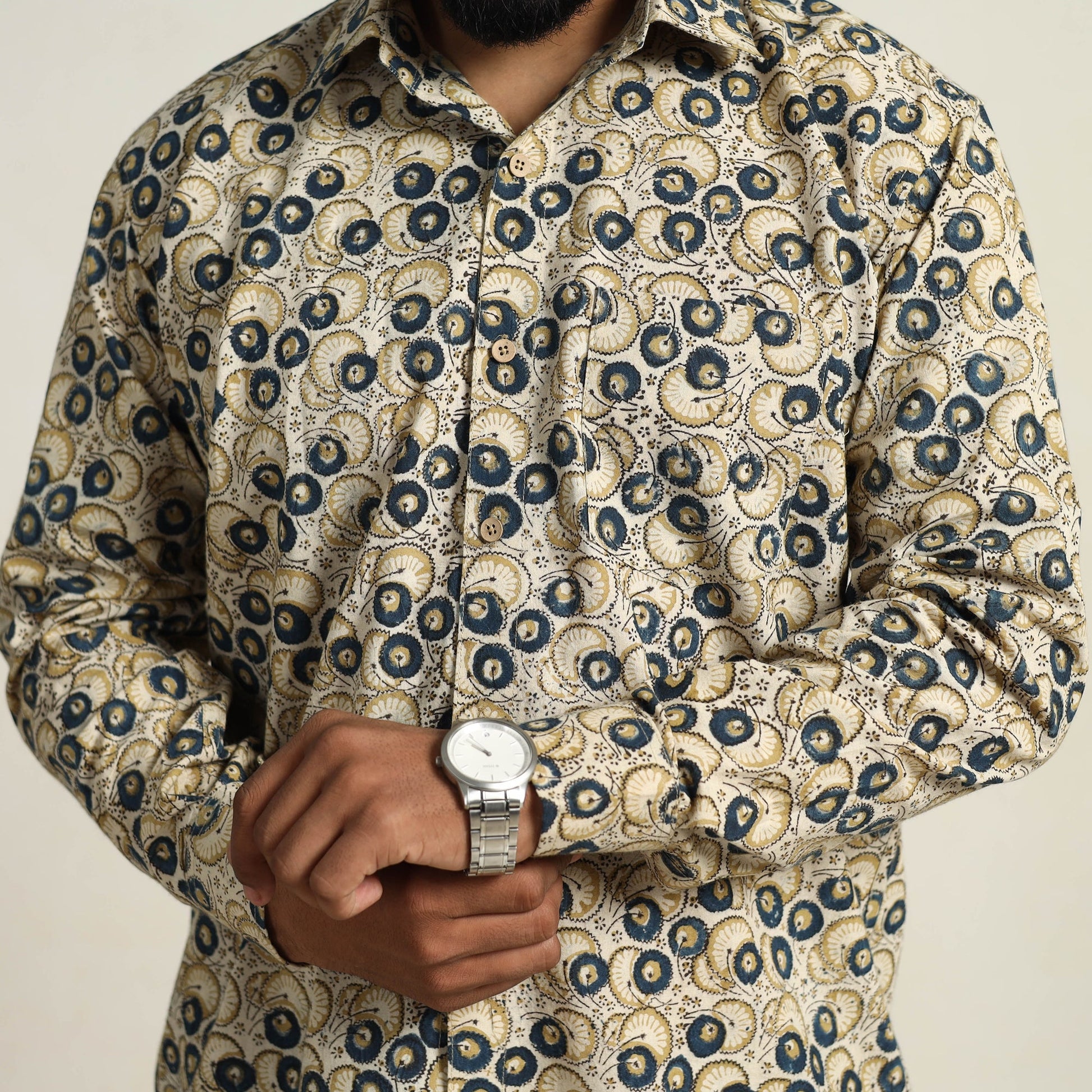 Beige - Pedana Block Print Cotton Men Kalamkari Shirt 11