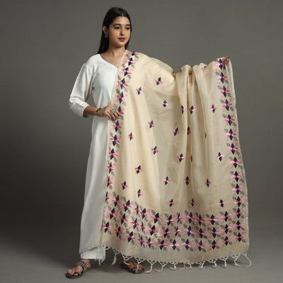 Beige - Phulkari Hand Embroidery Kota Doria Chanderi Silk Dupatta with Tassels 23