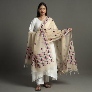 Beige - Phulkari Hand Embroidery Kota Doria Chanderi Silk Dupatta with Tassels 23