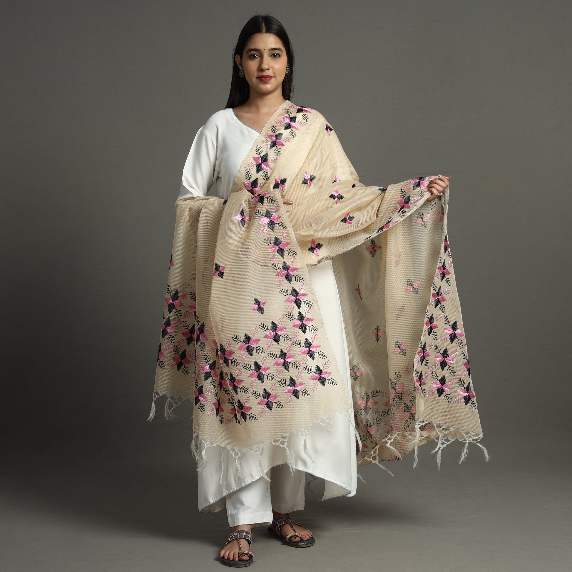 Beige - Phulkari Hand Embroidery Kota Doria Chanderi Silk Dupatta with Tassels 23