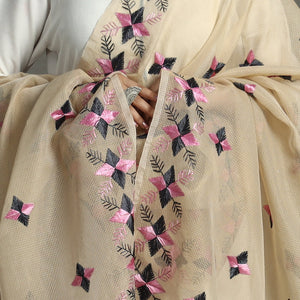 Beige - Phulkari Hand Embroidery Kota Doria Chanderi Silk Dupatta with Tassels 23