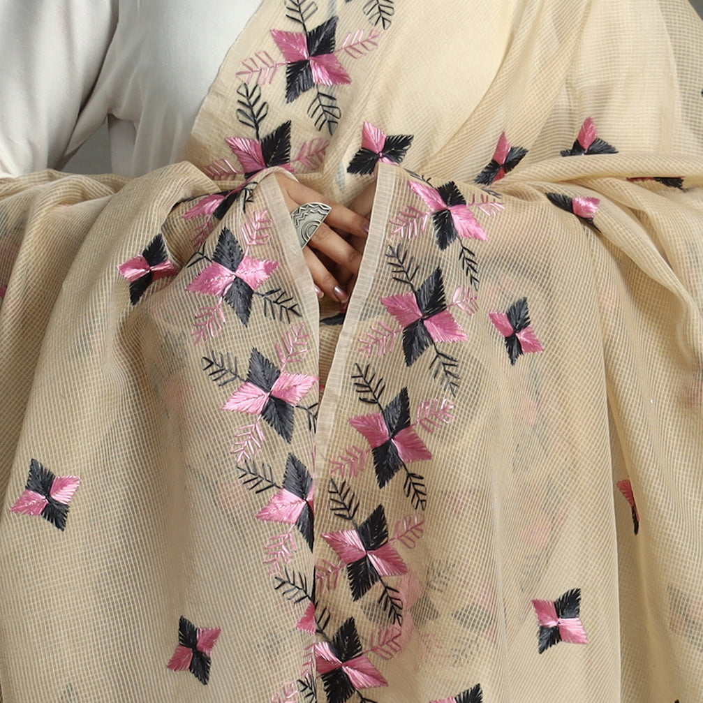 Beige - Phulkari Hand Embroidery Kota Doria Chanderi Silk Dupatta with Tassels 23