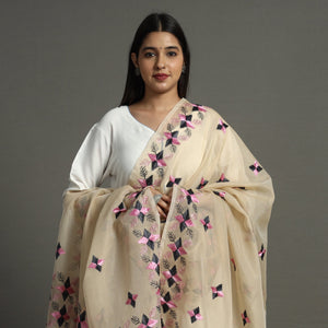 Beige - Phulkari Hand Embroidery Kota Doria Chanderi Silk Dupatta with Tassels 23