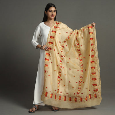 Beige - Phulkari Hand Embroidery Chanderi Silk Cotton Dupatta 24