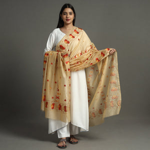 Beige - Phulkari Hand Embroidery Chanderi Silk Cotton Dupatta 24