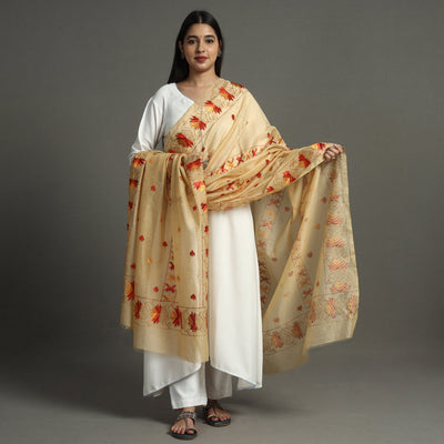 Beige - Phulkari Hand Embroidery Chanderi Silk Cotton Dupatta 24