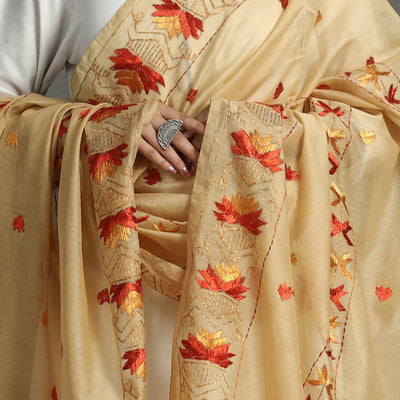 Beige - Phulkari Hand Embroidery Chanderi Silk Cotton Dupatta 24