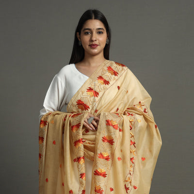 Beige - Phulkari Hand Embroidery Chanderi Silk Cotton Dupatta 24