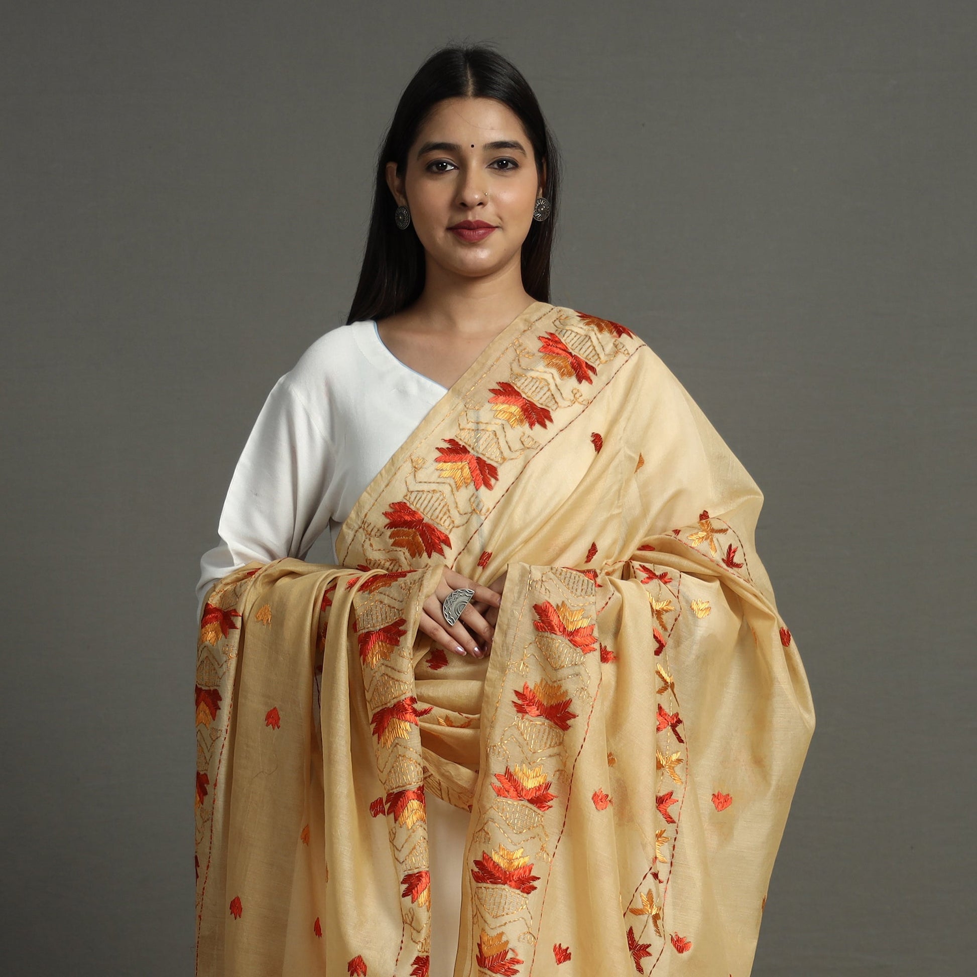 Beige - Phulkari Hand Embroidery Chanderi Silk Cotton Dupatta 24