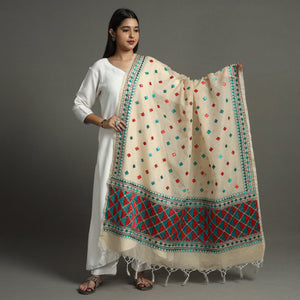 Beige - Phulkari Hand Embroidery Chanderi Silk Cotton Dupatta 25