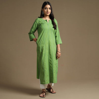 Apple Green Plain Cotton Tagai Work Long Kurta