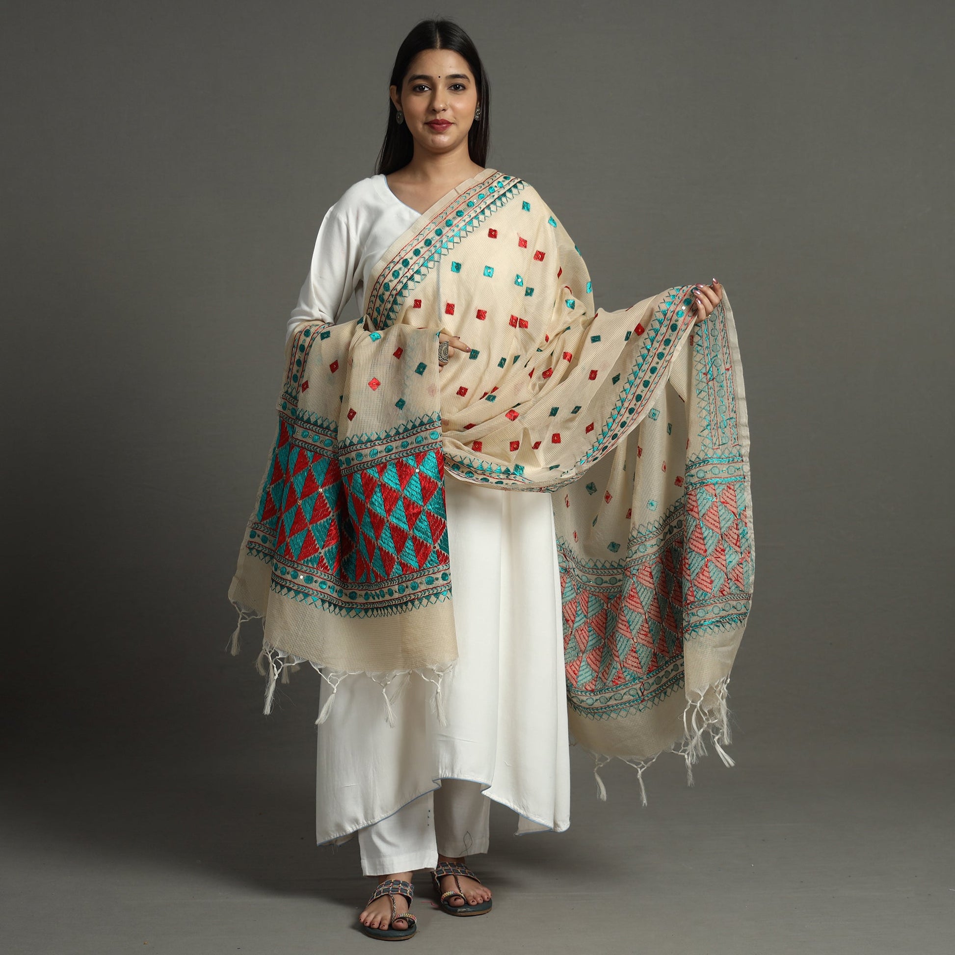 Beige - Phulkari Hand Embroidery Chanderi Silk Cotton Dupatta 25