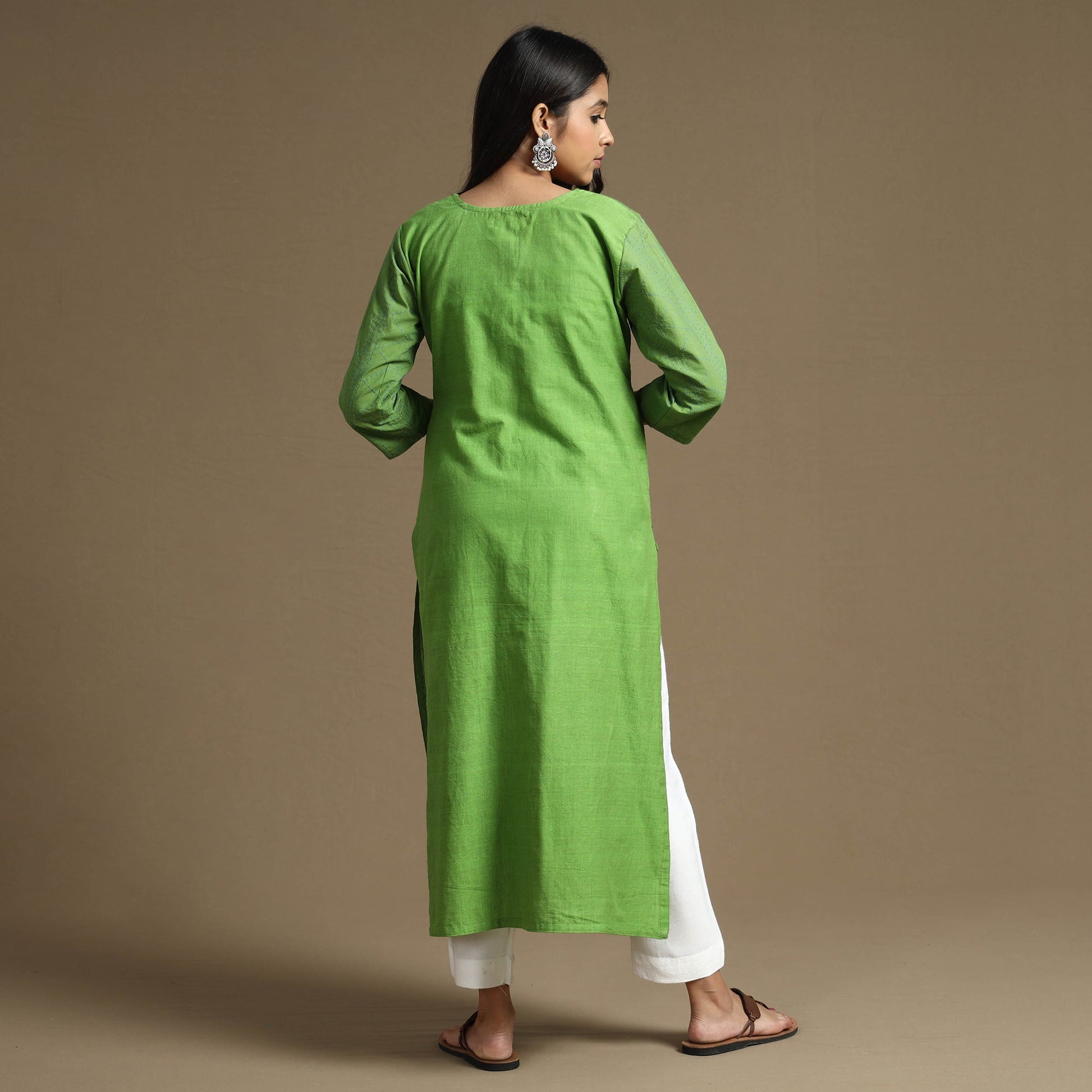 Apple Green Plain Cotton Tagai Work Long Kurta